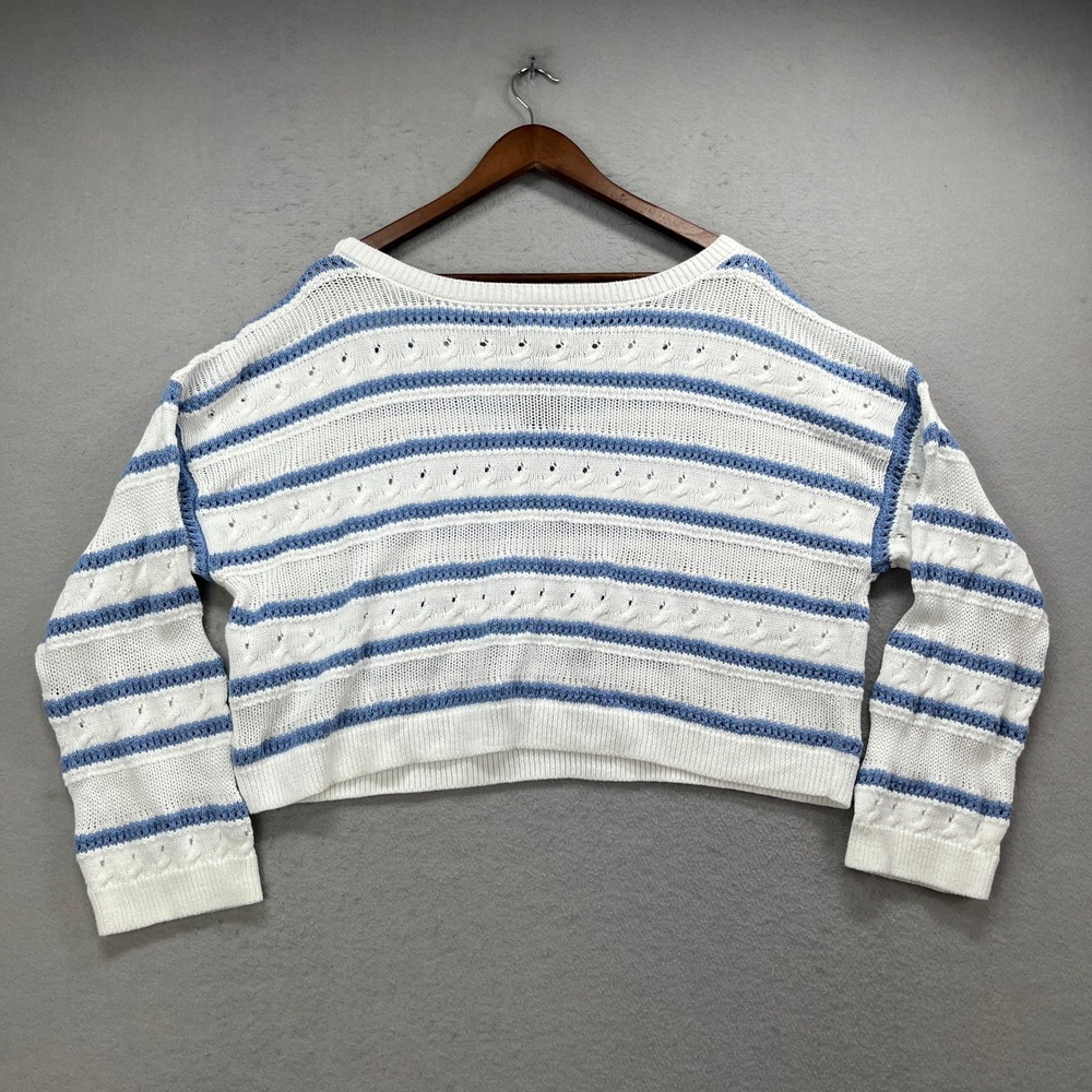 NEW Hollister Sweater Womens L White Blue Striped Cropped Pointelle Knit Cotton - Picture 3 of 9